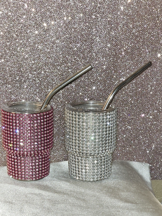 Other - Rhinestone Bling Tumbler Duo with Metal Straws - Pink & Silver-Set Of 2